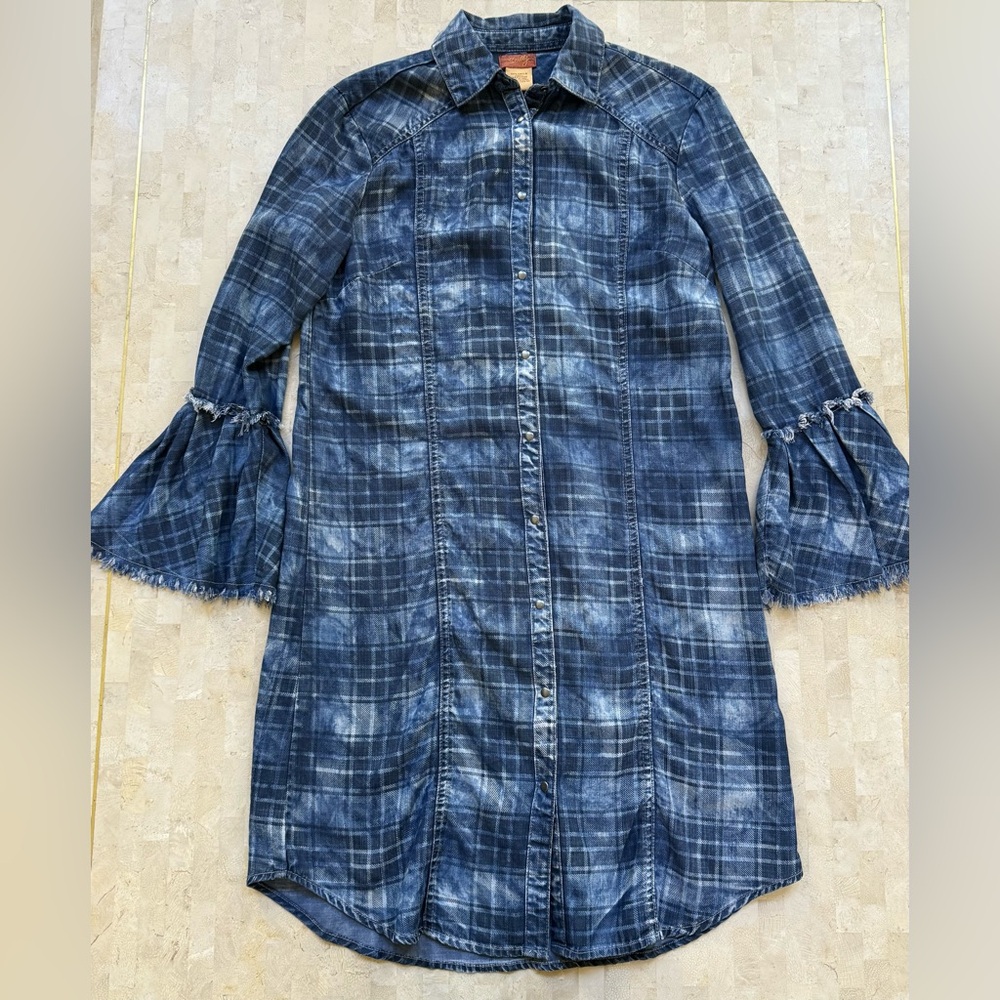 SCULLY  Western Rodeo Dress Womens Long Bell Sleeve Pearl Snap Navy Plaid‎ - S - Picture 3 of 9